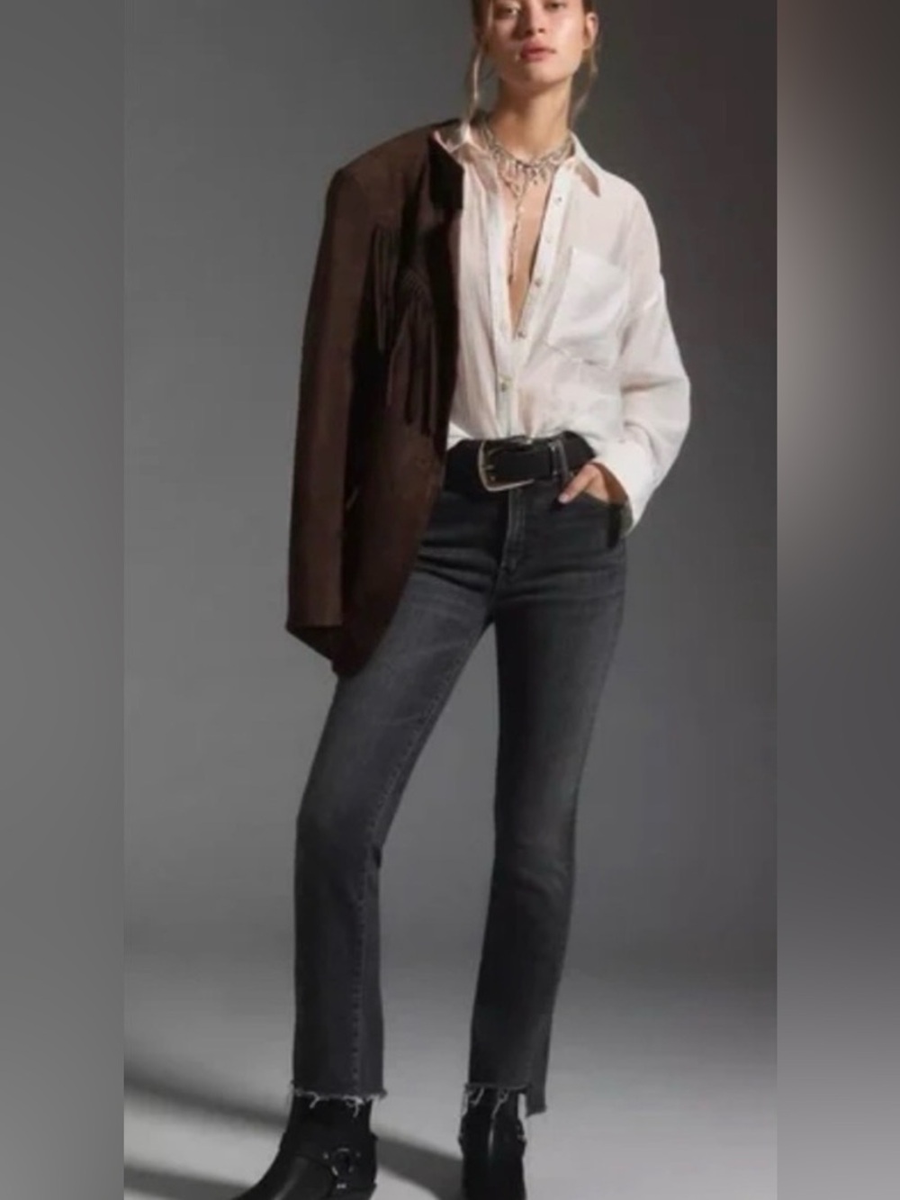 MOTHER The Insider Crop Step Fray Jeans Up In Smoke Gray Size 25 designer fall
